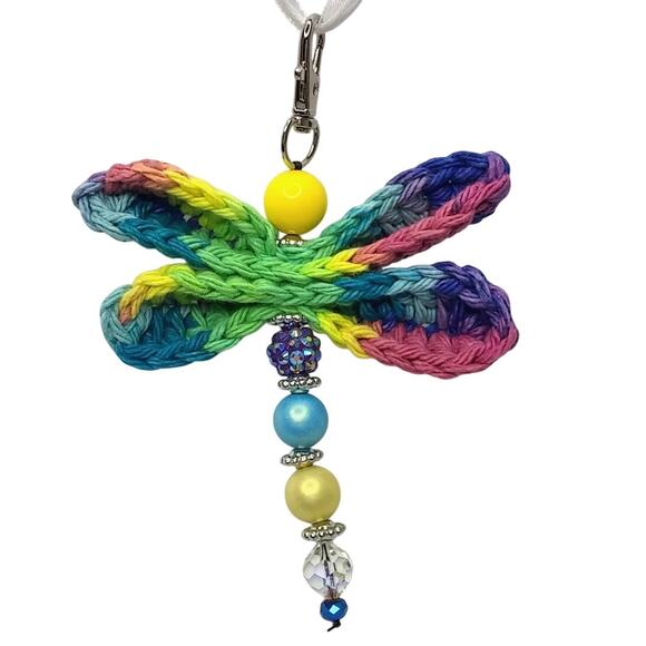 Artisan Dragonfly Vintage Beads Keychain Colorful Crochet Wings Purse Charm - Picture 3 of 9